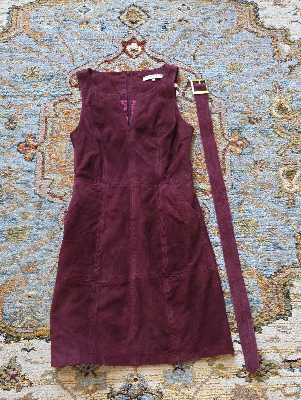 Trina Turk Wine Suede Sleeveless Midi Dress with Matching Belt